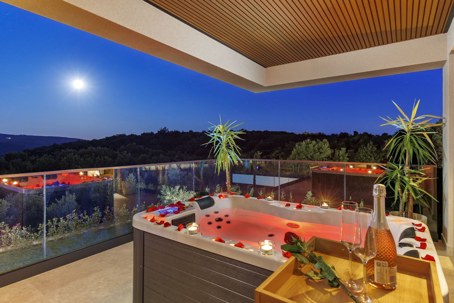 Hot tub on the terrace at dusk