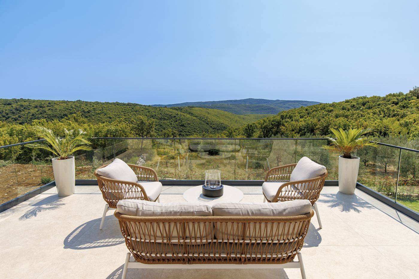 Upper terrace overlooking hills and olive groves